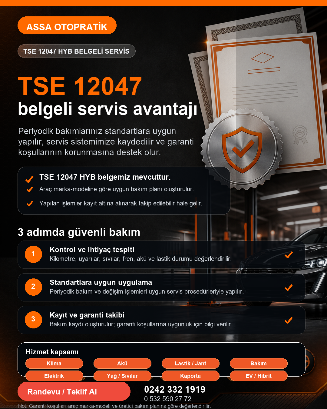 TSE 12047 HYB belgeli servis avantajını anlatan ASSA Otopratik bilgilendirme görseli